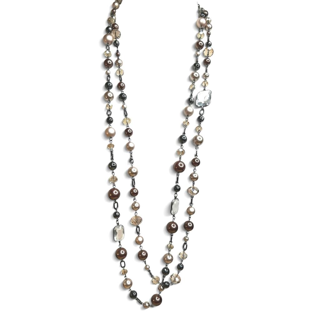 White House Black Market Long Multi Strand Beaded Necklace Champagne Brown WHBM